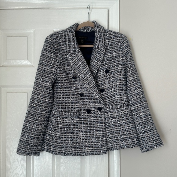 Women House of Harlow 1960 Double Breasted Navy Tweed Blazer Jacket Lined Small - Picture 1 of 7